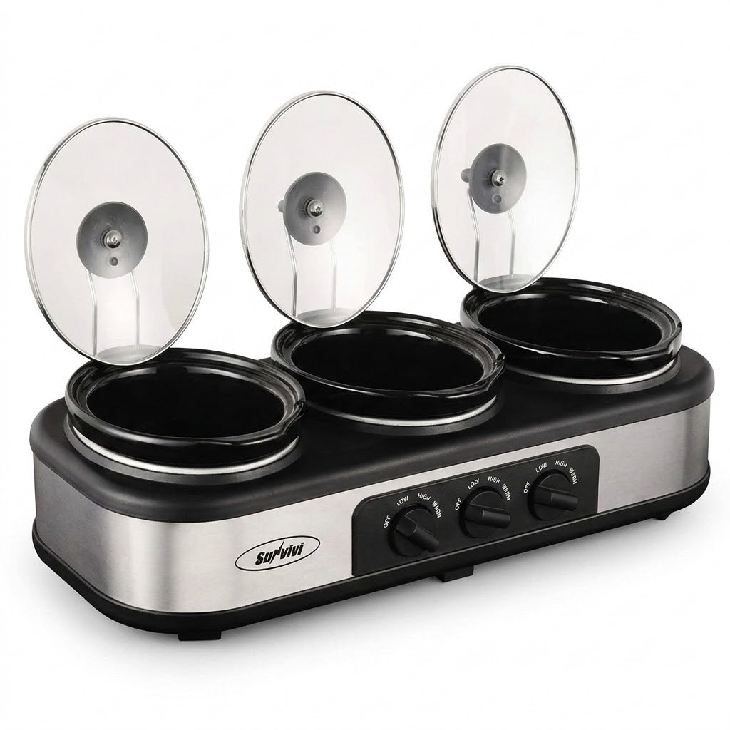 A three-burner electric slow cooker multi-cooker with a stainless steel and black body, three black ceramic pots, and three clear glass lids shown open, on a white background.