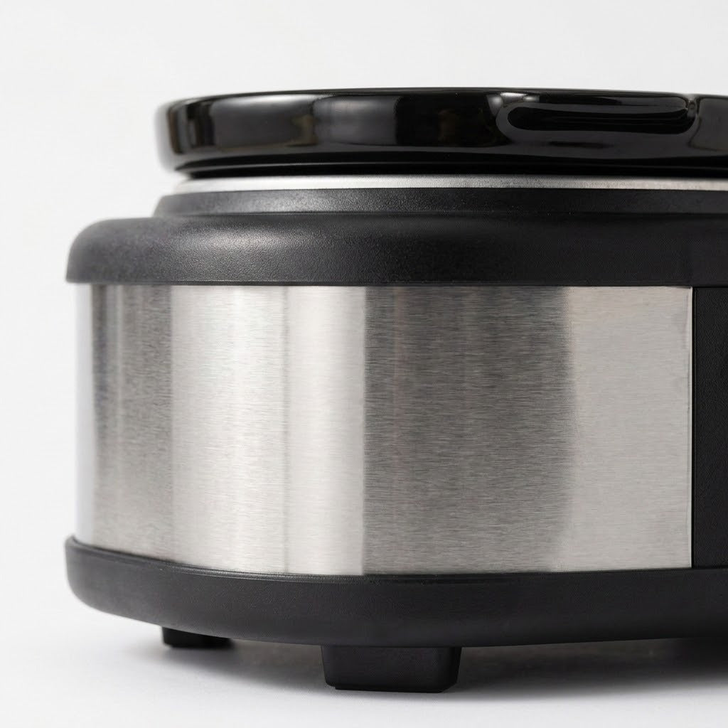 Close-up of a cylindrical stainless steel appliance or container with black plastic trim and base, photographed on a clean white background.