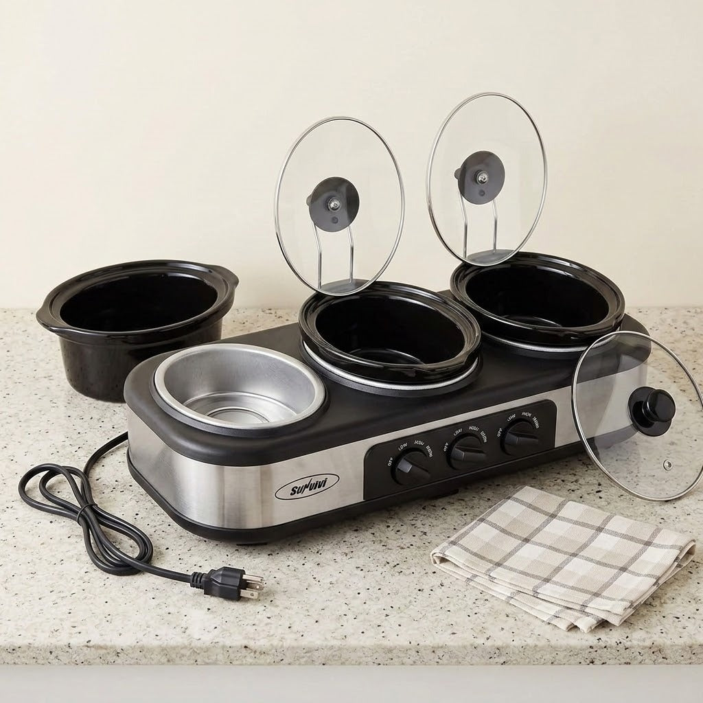 A countertop multi-pan slow cooker set with three black ceramic pots, two clear glass lids, a stainless steel insert pot, a power cord, and a folded checkered cloth on a speckled stone surface against a light beige wall.