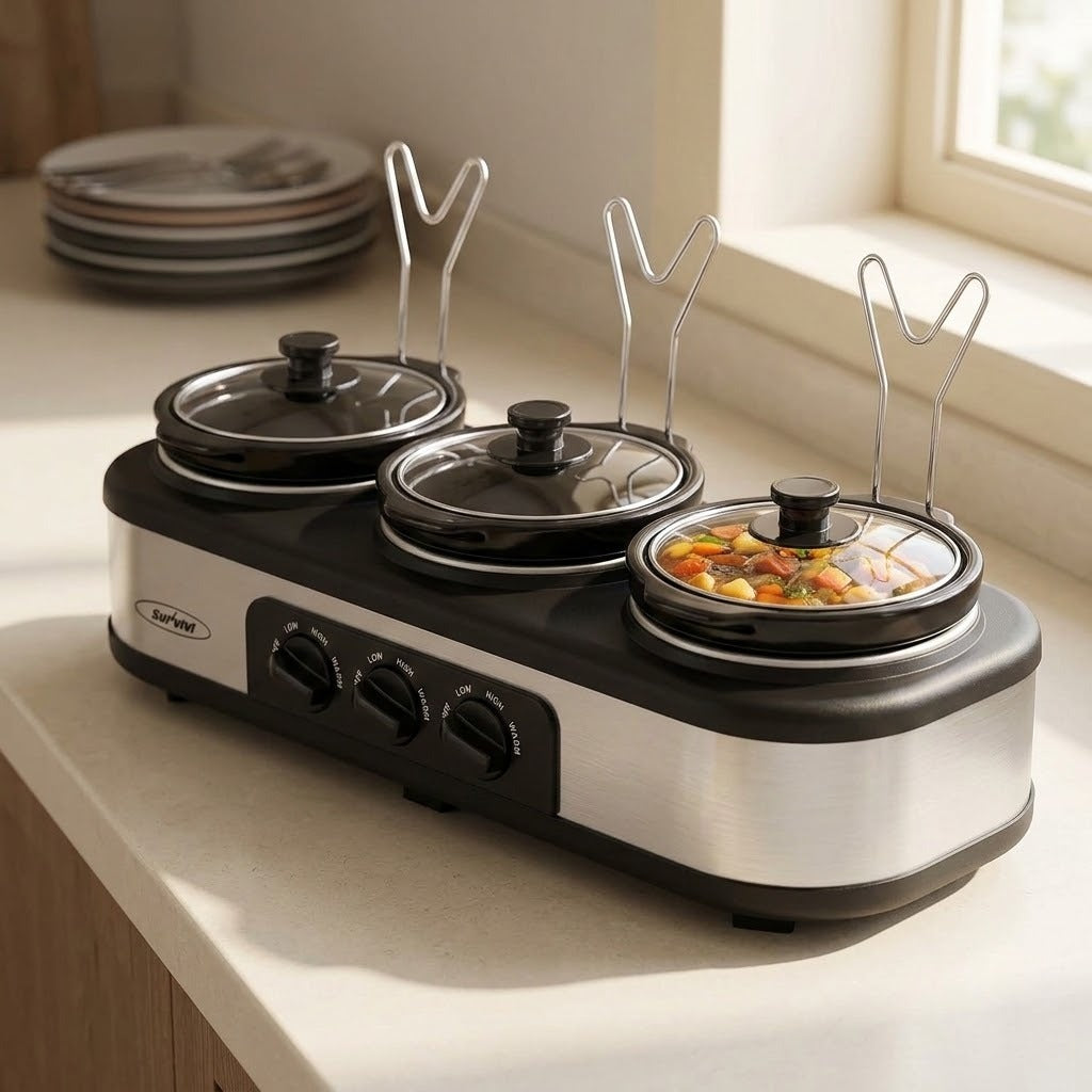 A three-burner electric slow cooker multi-cooker with glass lids and wire steaks, sitting on a kitchen counter near a window.