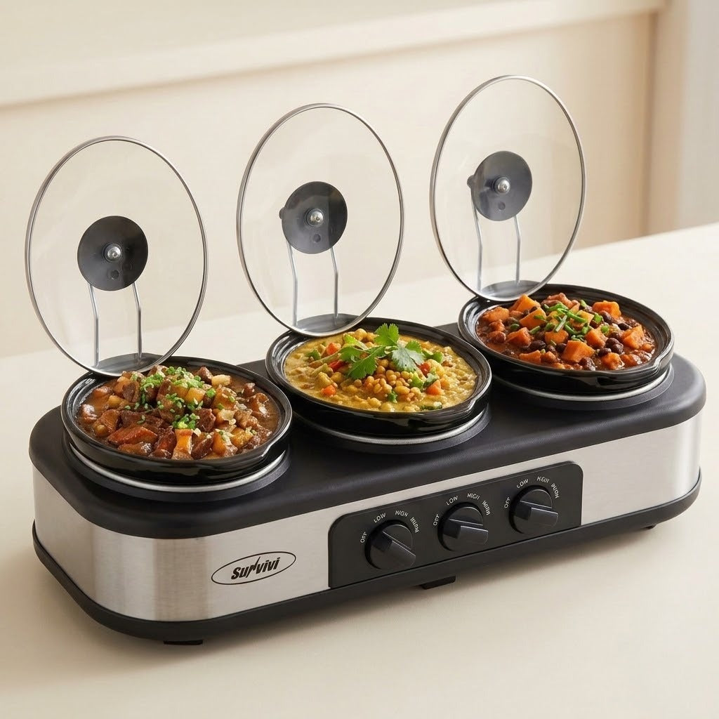 A three-compartment electric skillet set with clear glass lids, shown with food cooked in each compartment on a light beige background.