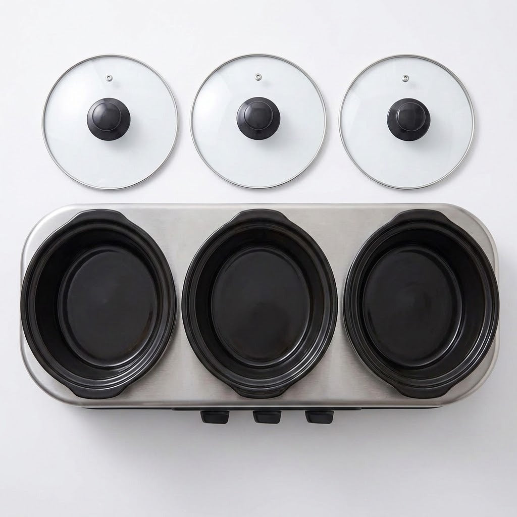 A stainless steel 3-burner electric hot plate with three black non-stick ceramic insert bowls, shown with three matching clear glass lids with black knobs on a white background.