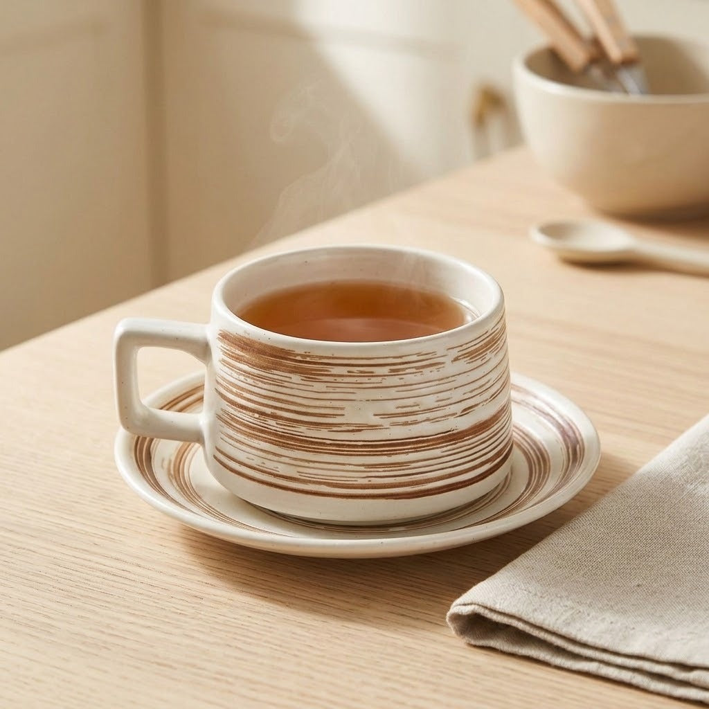 A white ceramic tea cup with a square handle and matching saucer, decorated with brown hand-painted horizontal brushstrokes. The cup is filled with tea and sits on a light wooden table with a folded beige napkin and a softly blurred background bowl and spoon.
