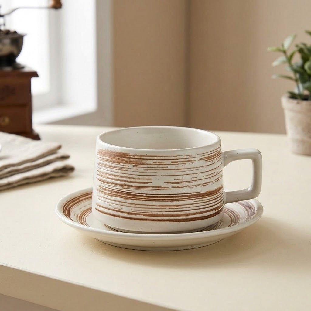 A white ceramic coffee cup with a matching saucer, decorated with horizontal brown brushstroke patterns, set on a light beige table in a softly lit room.