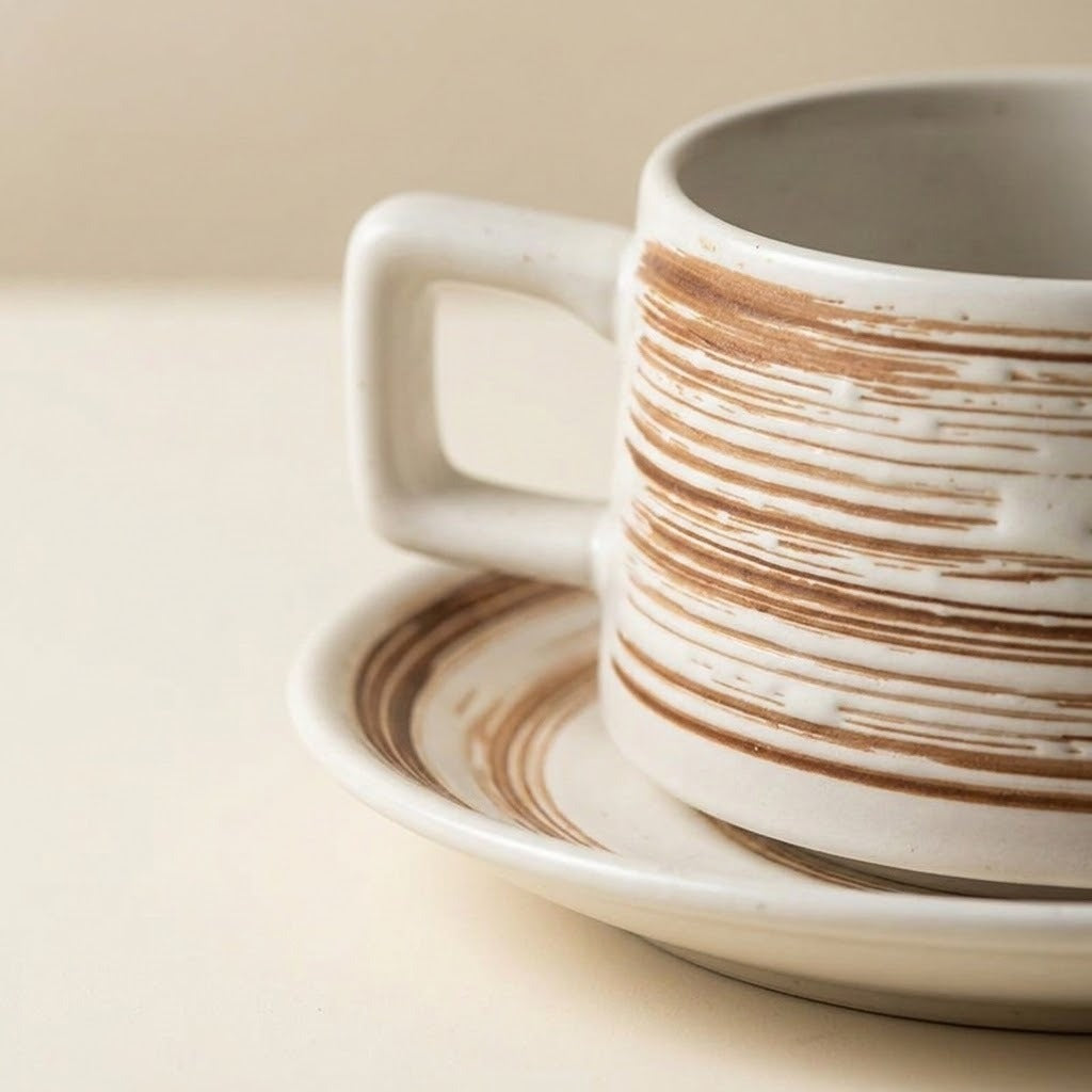 A close-up of a ceramic cup and matching saucer in warm off-white with horizontal brown brushstroke patterns, set against a soft beige background.