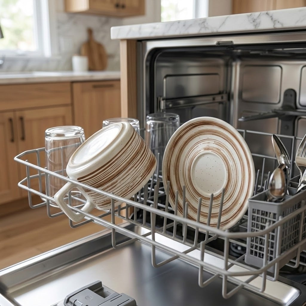 A dishwasher rack loaded with dishes in a real kitchen setting, including stacked plates, a mug, and glassware, with wooden cabinets and a marble countertop visible in the background.