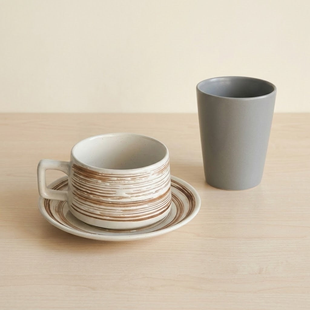 A ceramic cup and saucer set with a distressed brown and cream striped pattern, shown next to a matte gray cup on a light wood tabletop against a beige background.