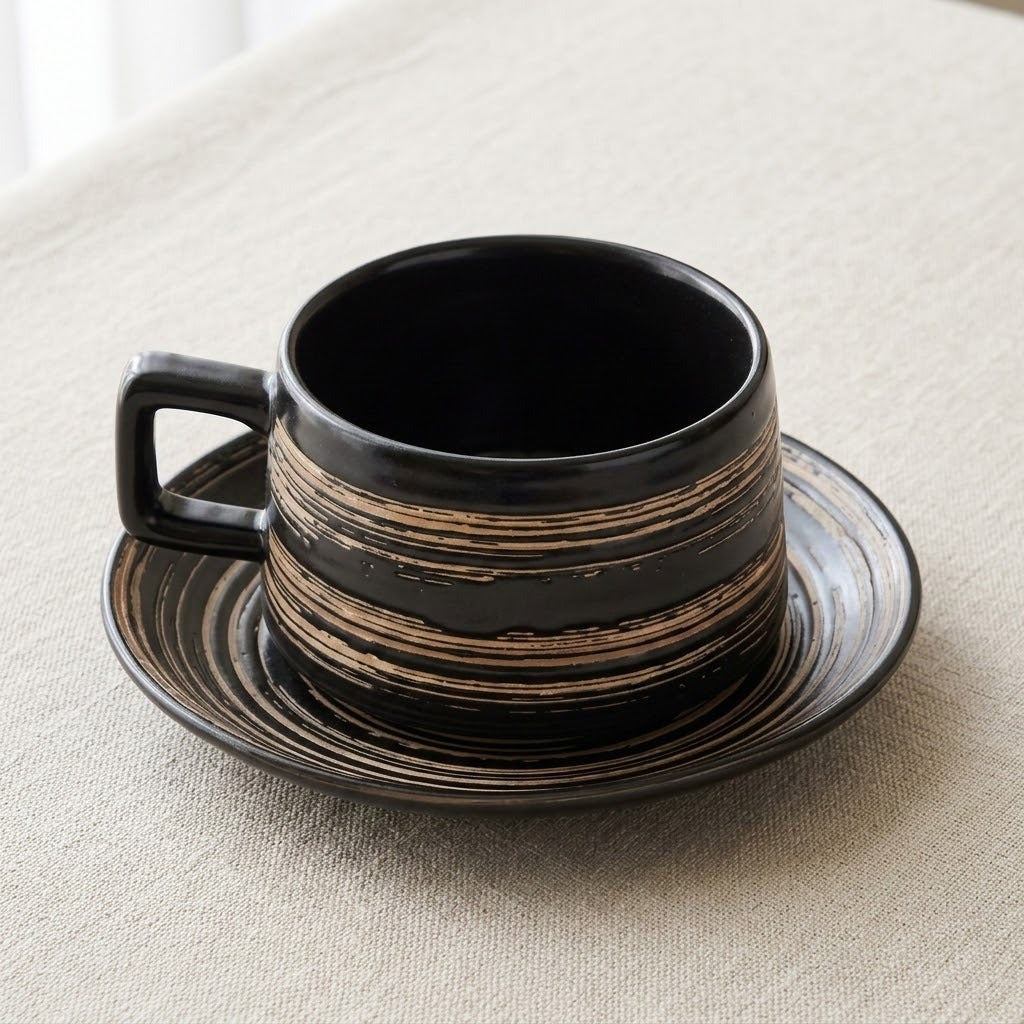 A black ceramic coffee cup with a square handle and matching saucer, decorated with horizontal gold and brown textured stripes, set on a beige linen tablecloth.