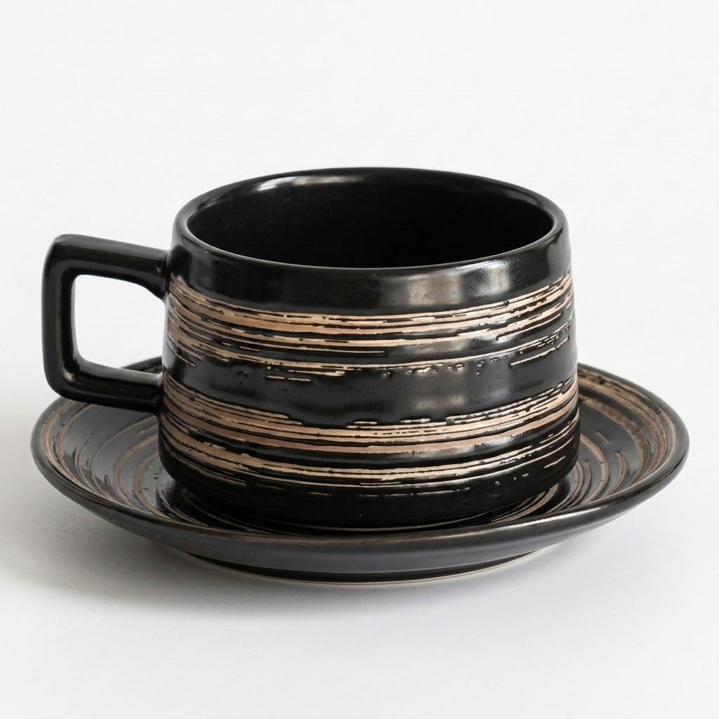 A black ceramic coffee cup with a square handle and matching saucer, decorated with horizontal metallic gold and bronze textured stripes, on a light gray background.