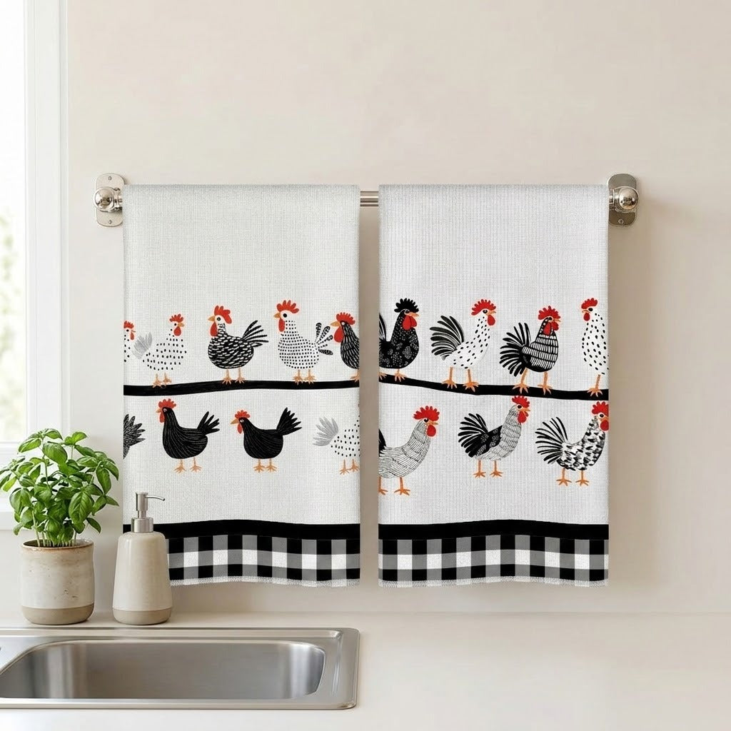 Two white kitchen towels with a black and red rooster pattern hanging on a silver towel bar above a sink, with a small potted plant and soap dispenser nearby.