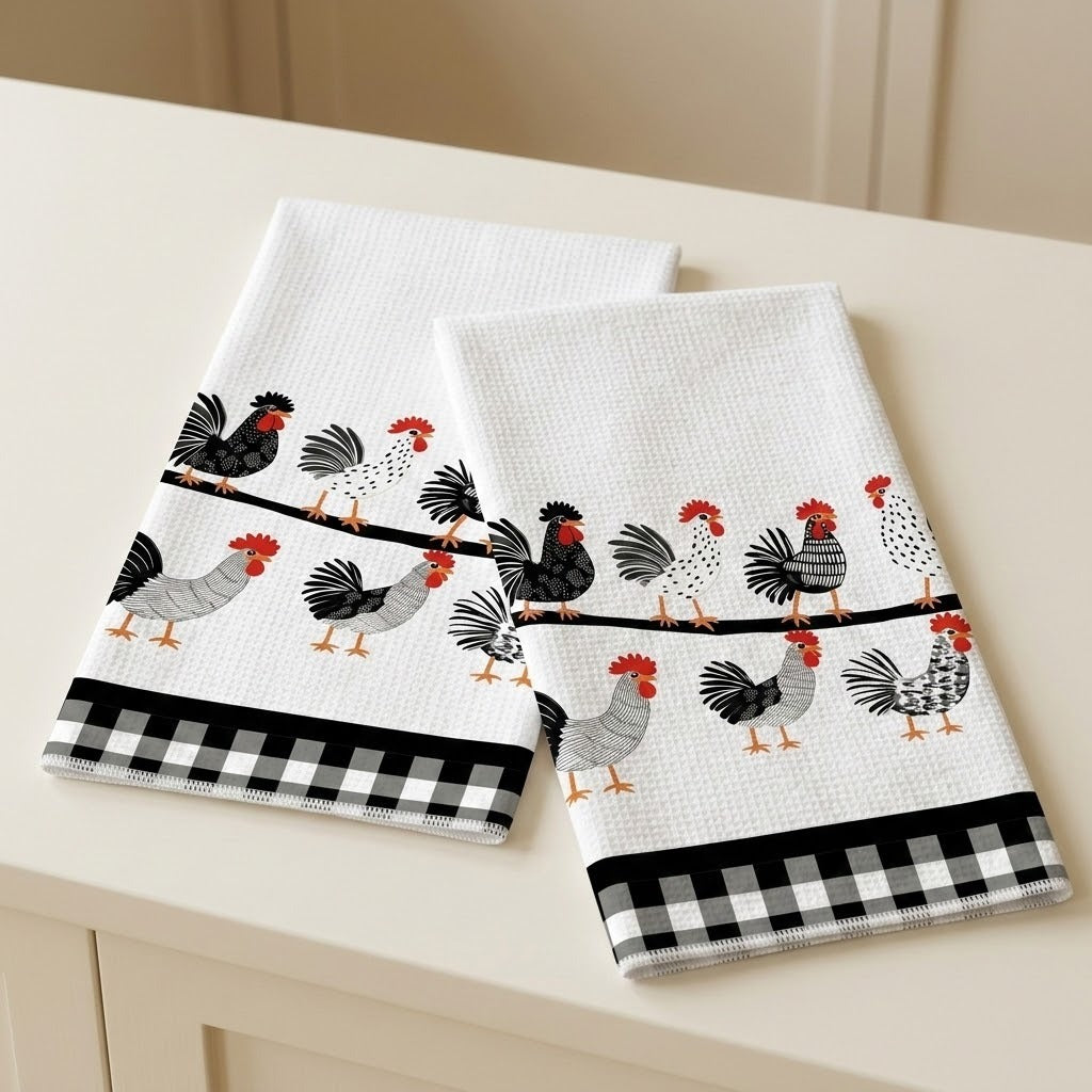 Two white kitchen towels with a rooster pattern and black-and-white gingham borders, displayed on a light beige surface.