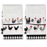 Two white kitchen towels with a black and white rooster pattern, displayed side by side against a white background.