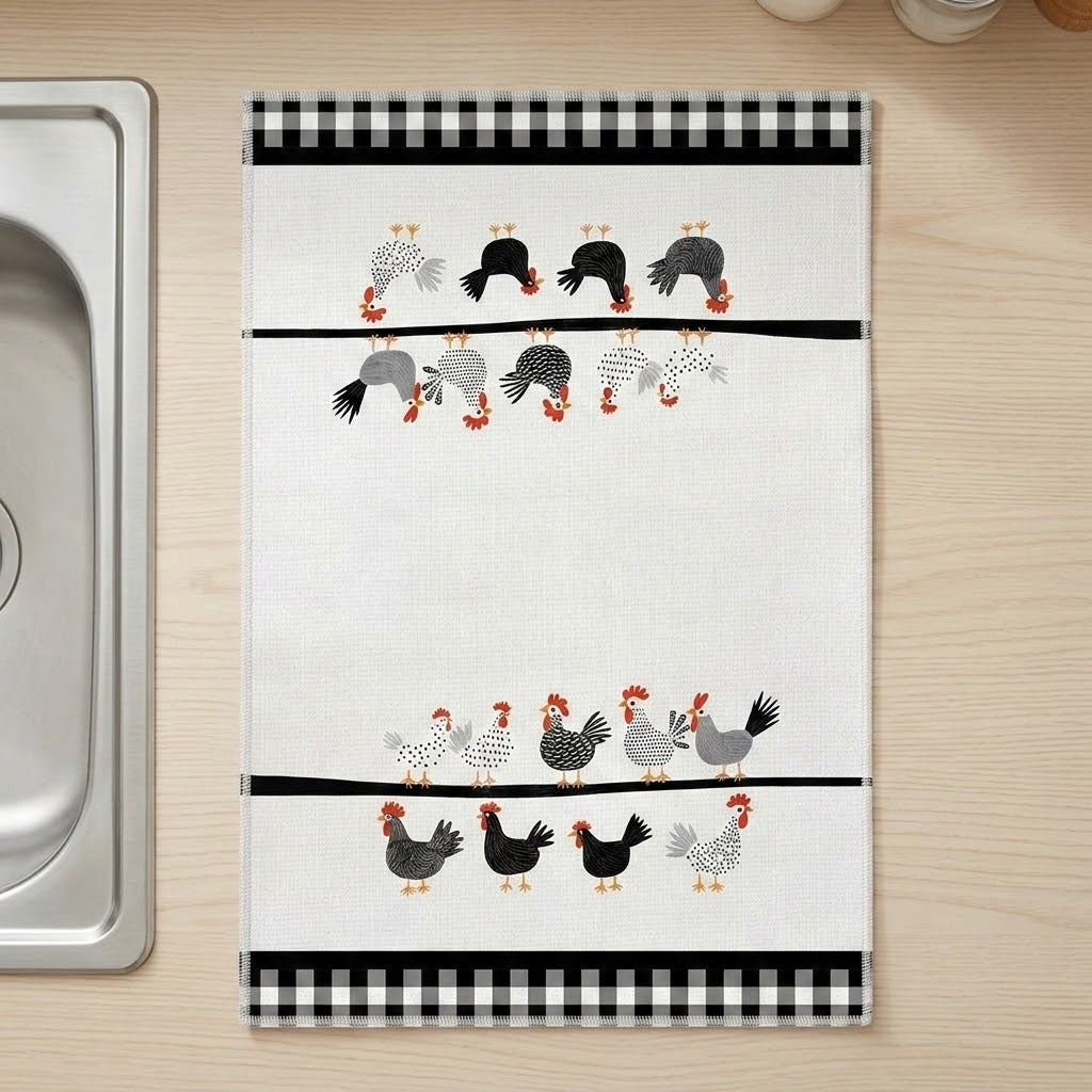 A rectangular kitchen towel with a white linen-textured background, printed with cartoon chickens on black horizontal lines and black-and-white gingham borders at the top and bottom. The towel is laid flat on a light wood countertop next to a stainless steel sink.