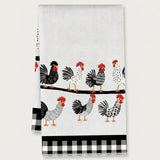 A white kitchen tea towel with a pattern of black, white, and gray roosters on a black wire, featuring a black and white gingham checkered border at the bottom.