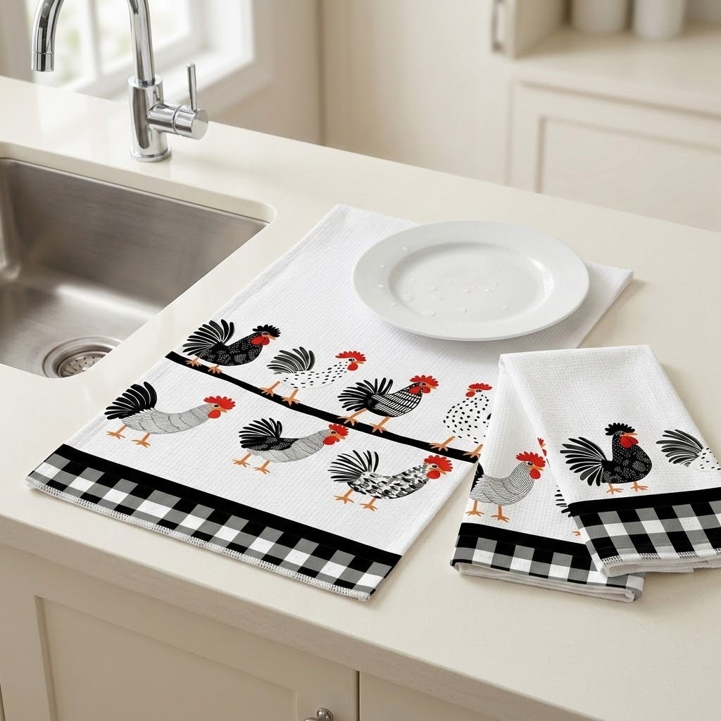 A set of kitchen towels with a black and white gingham border and a chicken pattern, displayed on a cream kitchen counter next to a sink and a white plate.