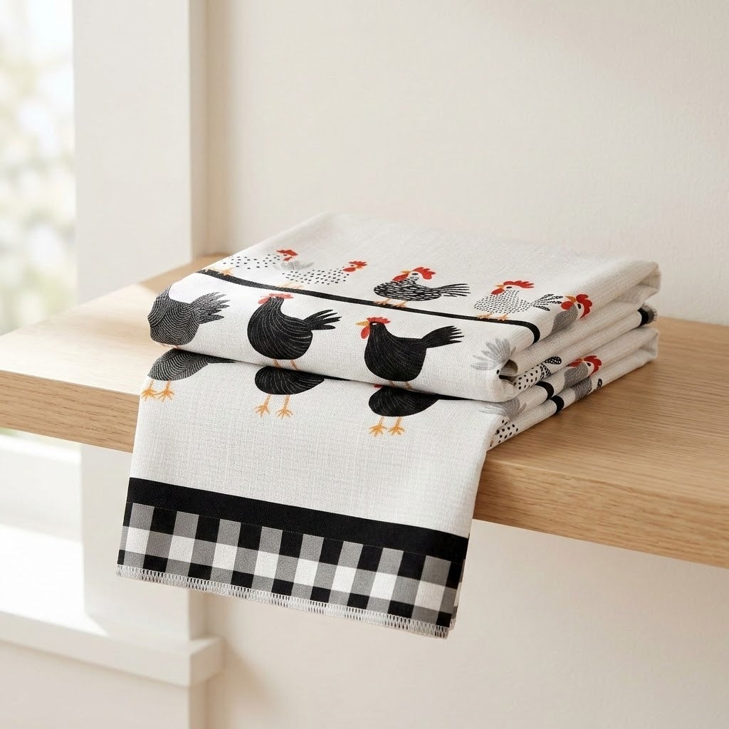 A folded white kitchen towel or napkin with a black, white, and gray chicken pattern and a black-and-white gingham border, draped over a light wood shelf in a bright indoor setting.