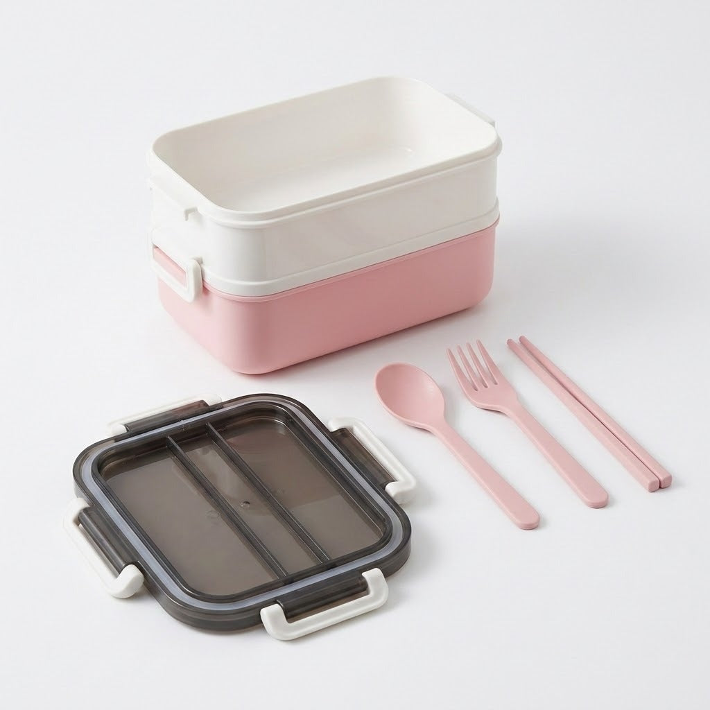 A two-tier bento box set in pastel pink and white, shown with its dark gray translucent lid and matching pink utensils (spoon, fork, chopsticks) on a clean white background.