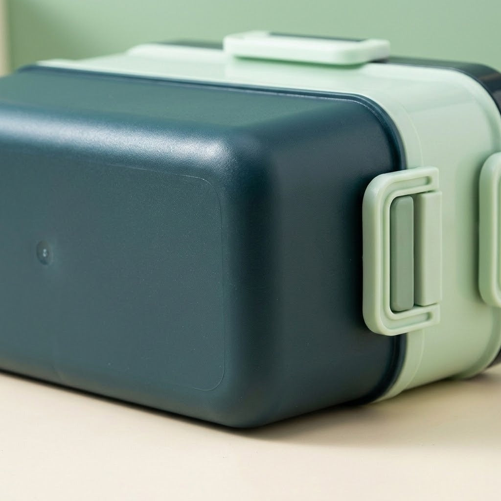 A close-up of a rectangular lunch box or container with a dark teal-blue body and pale mint-green lid and handle details, photographed on a light neutral surface.