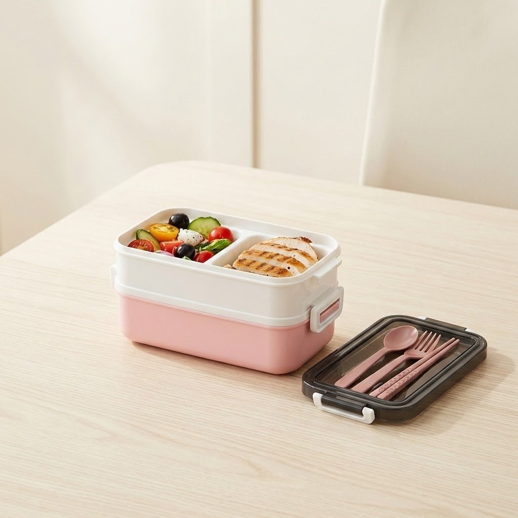 A pink and white two-compartment bento box filled with a colorful salad and toast, shown on a light wood table next to its black lid containing a matching pink utensil set.