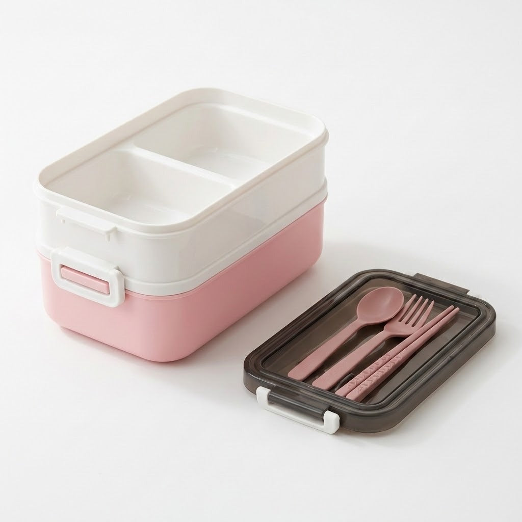 A pink and white compartment lunch box shown open with its dark lid placed beside it, containing matching pink utensils, on a clean white background.