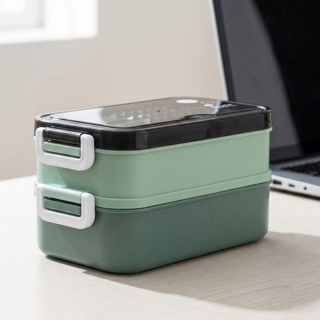 A two-tiered lunch box with a mint green body, dark green base, and black lid, placed on a light wood desk next to a laptop.