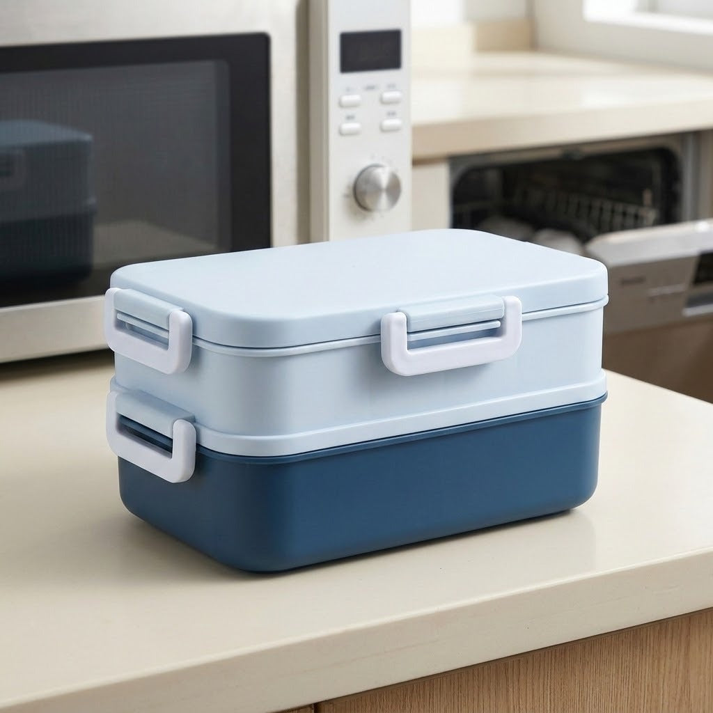 A two-tier bento lunch box with a light blue top lid, dark blue lower container, and white plastic latches, sitting on a beige countertop in a kitchen setting.