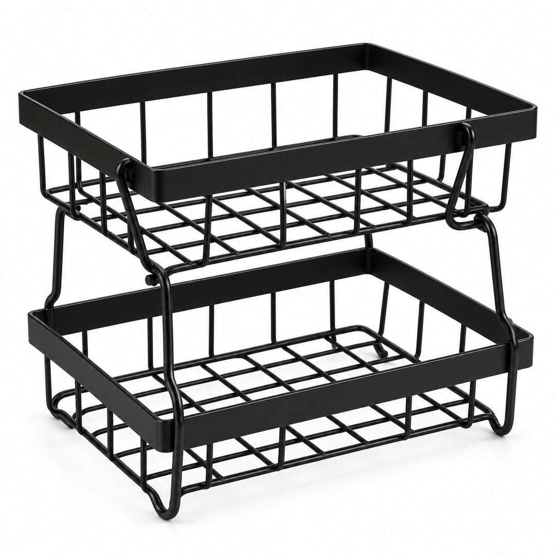 Black Two-Tier Produce Basket shown assembled alone against a clean white background.