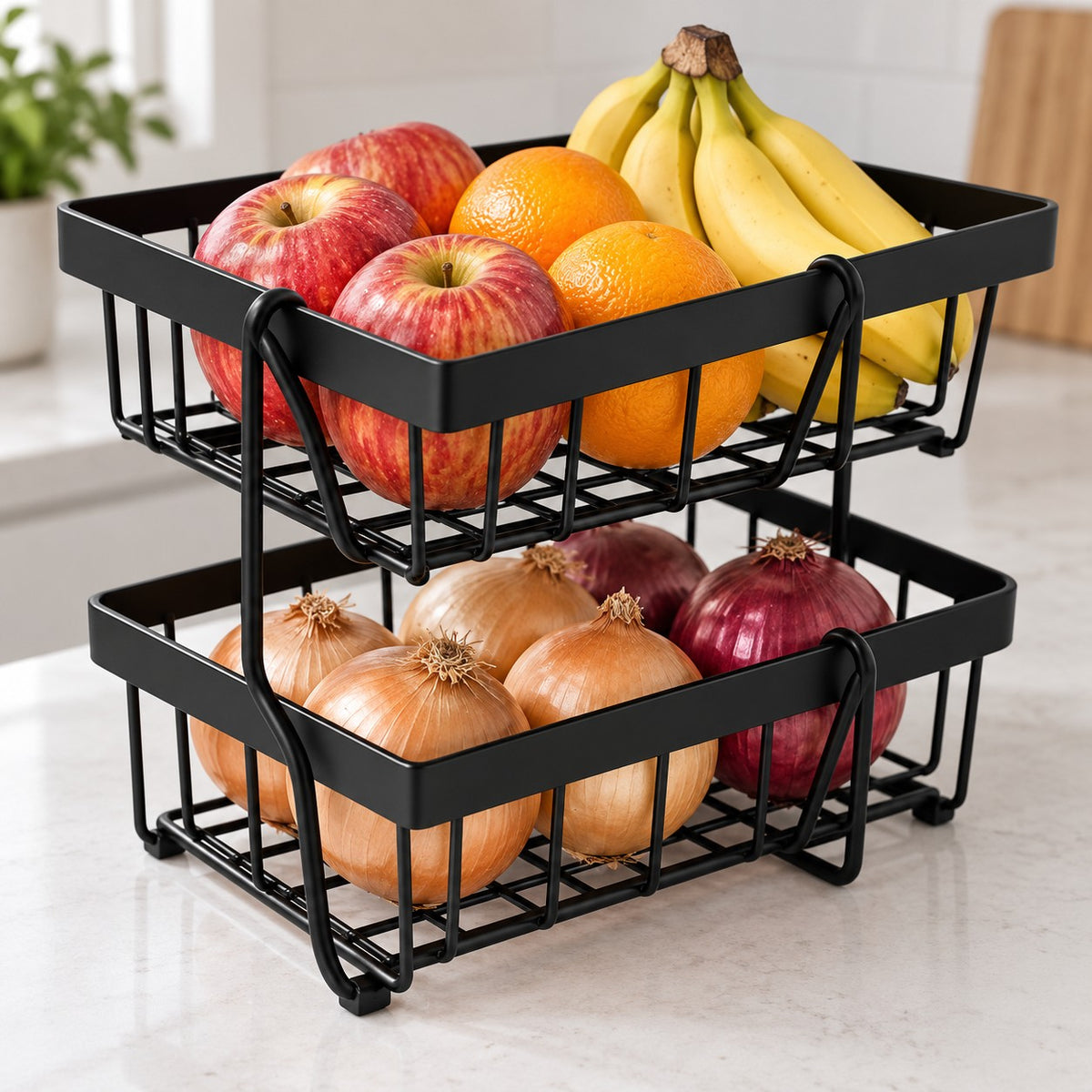 Black Two-Tier Produce Basket displays fruit and vegetables in open wire tiers.