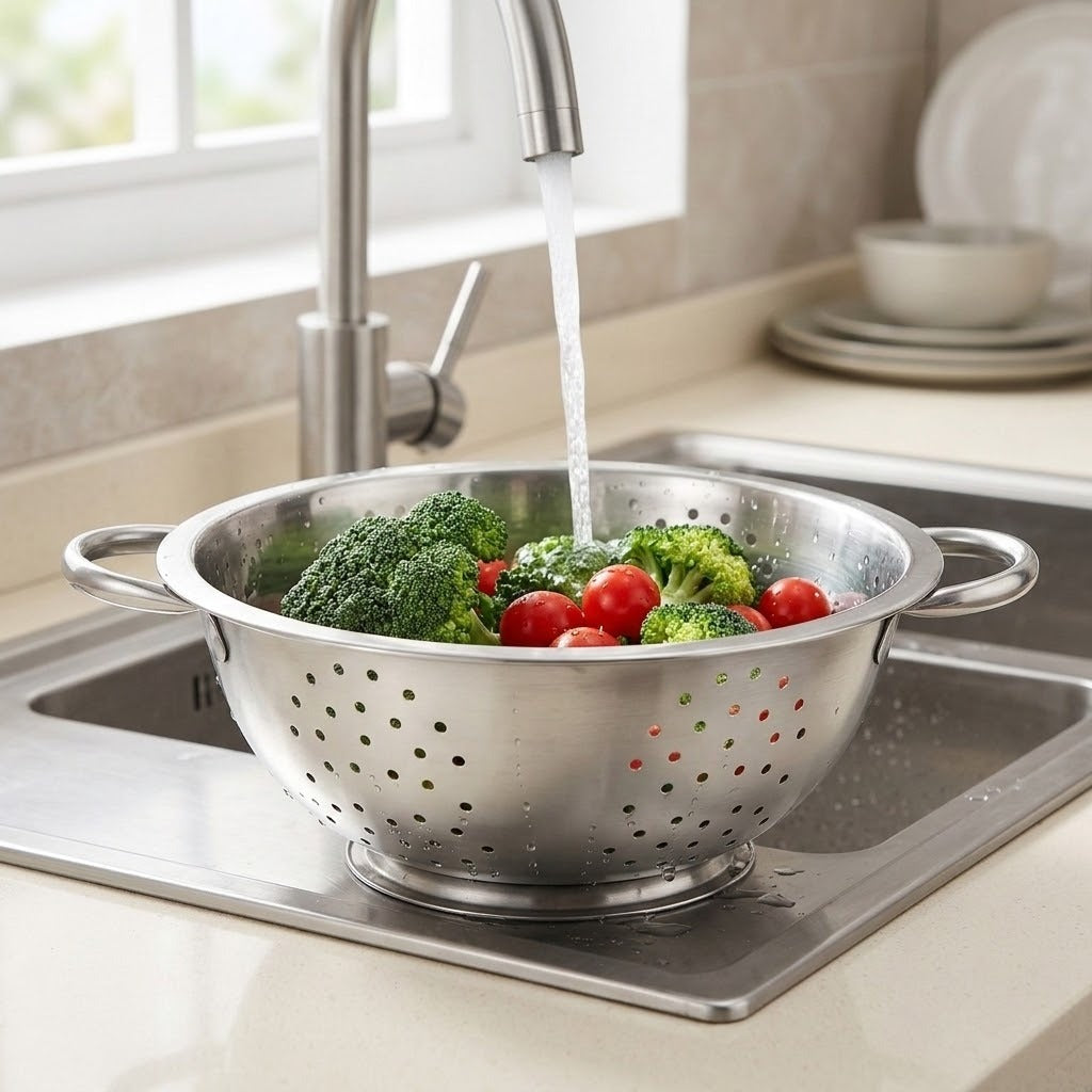 A stainless steel colander with side handles sits in a kitchen sink under running water, holding broccoli and red cherry tomatoes.