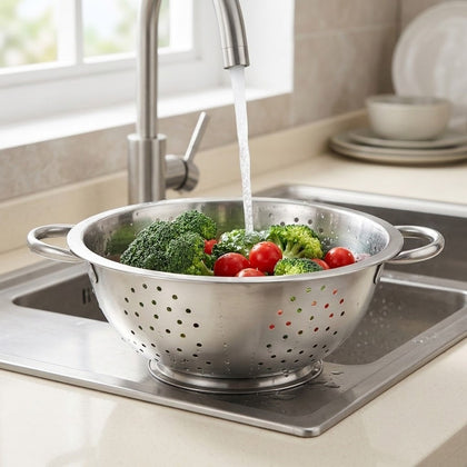 A stainless steel colander with side handles sits in a kitchen sink under running water, holding broccoli and red cherry tomatoes.