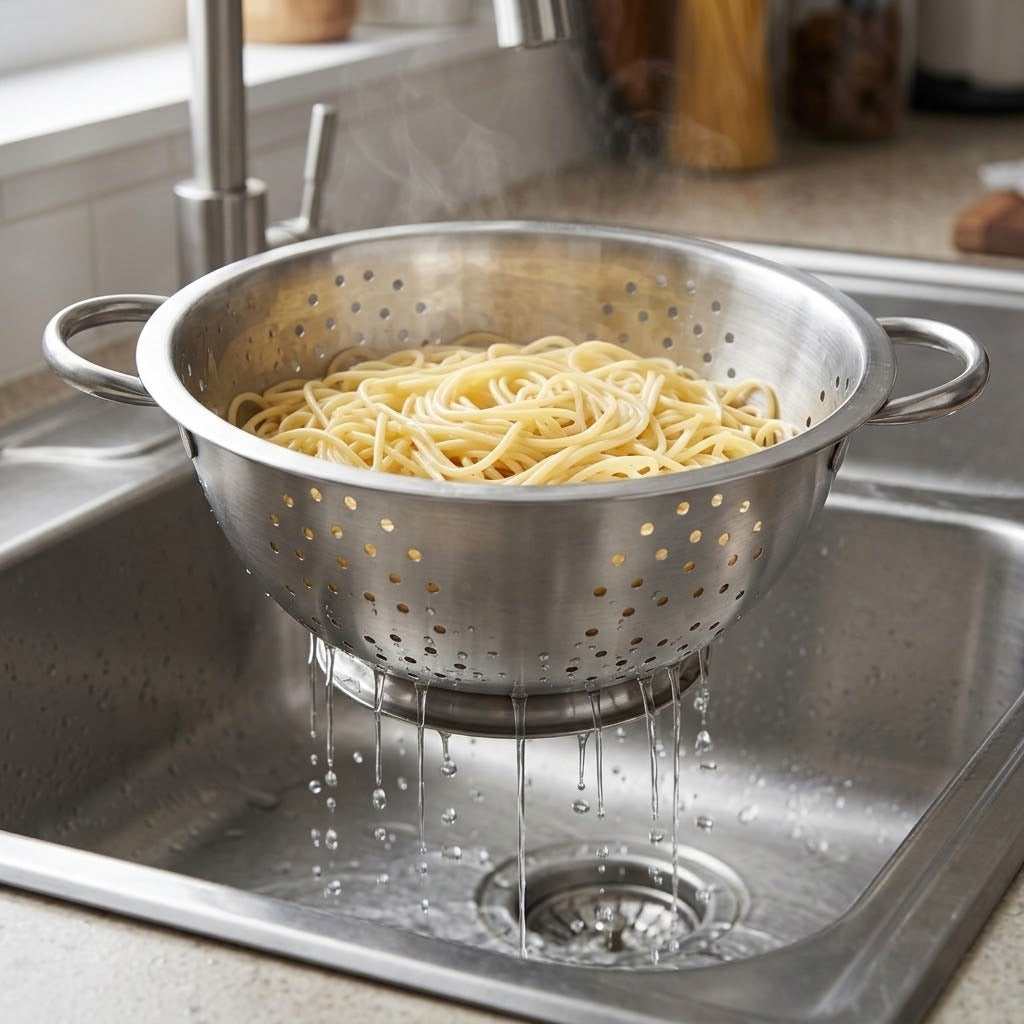 A stainless steel colander filled with cooked pasta, draining water into a sink in a kitchen setting.