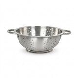 A stainless steel colander with two loop handles and a perforated bowl, shown on a clean white background.