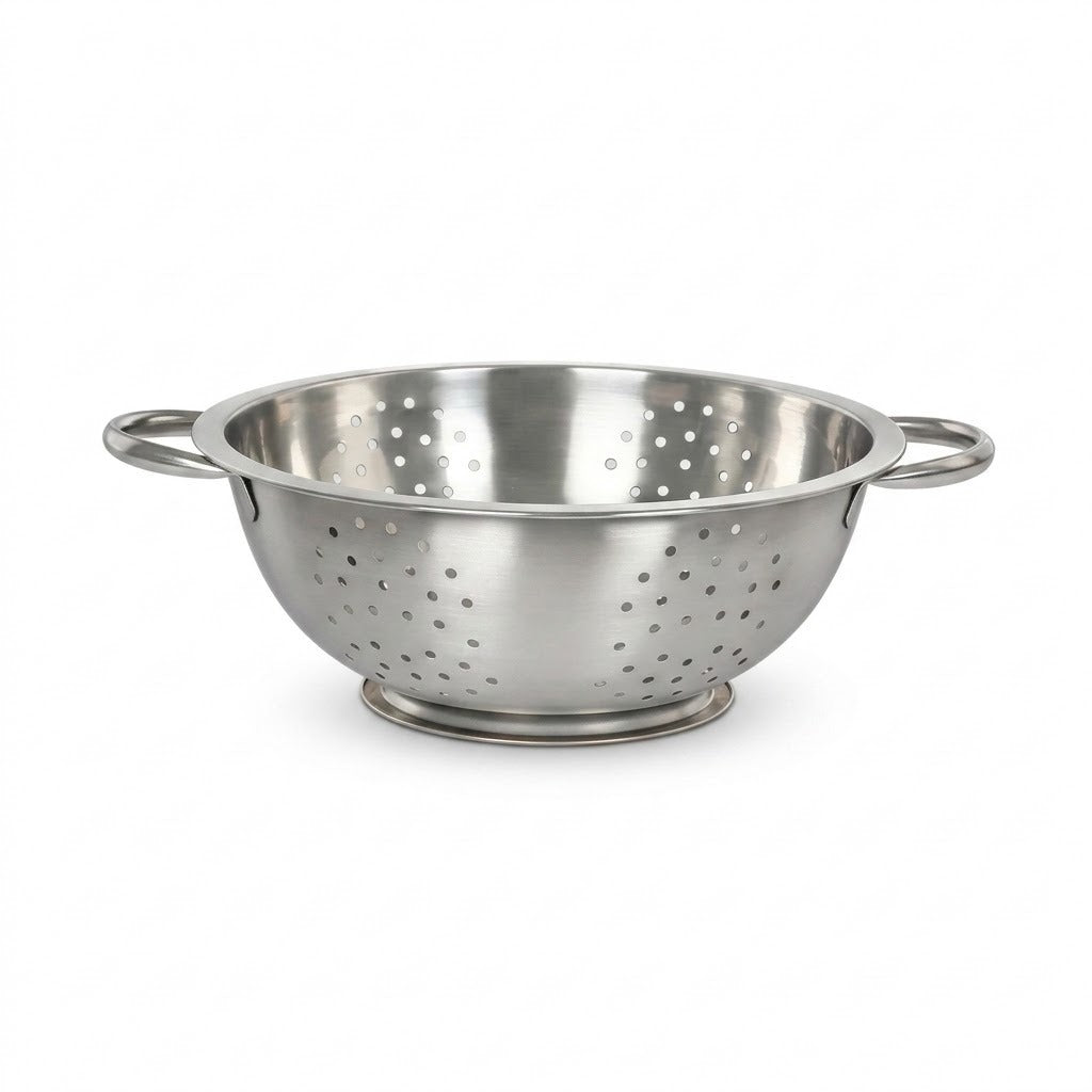 A stainless steel colander with two loop handles and a perforated bowl, shown on a clean white background.