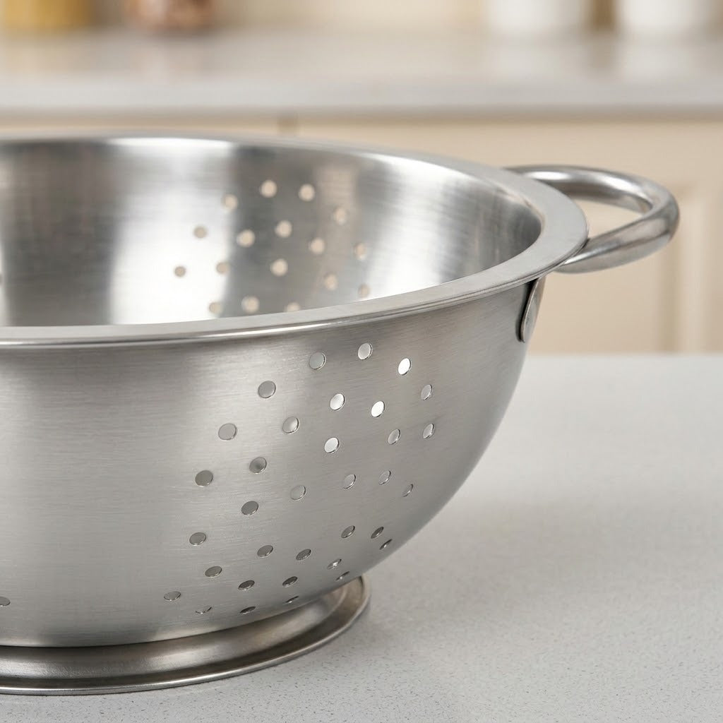 A stainless steel colander with two loop handles, shown on a light gray countertop with a blurred kitchen background.