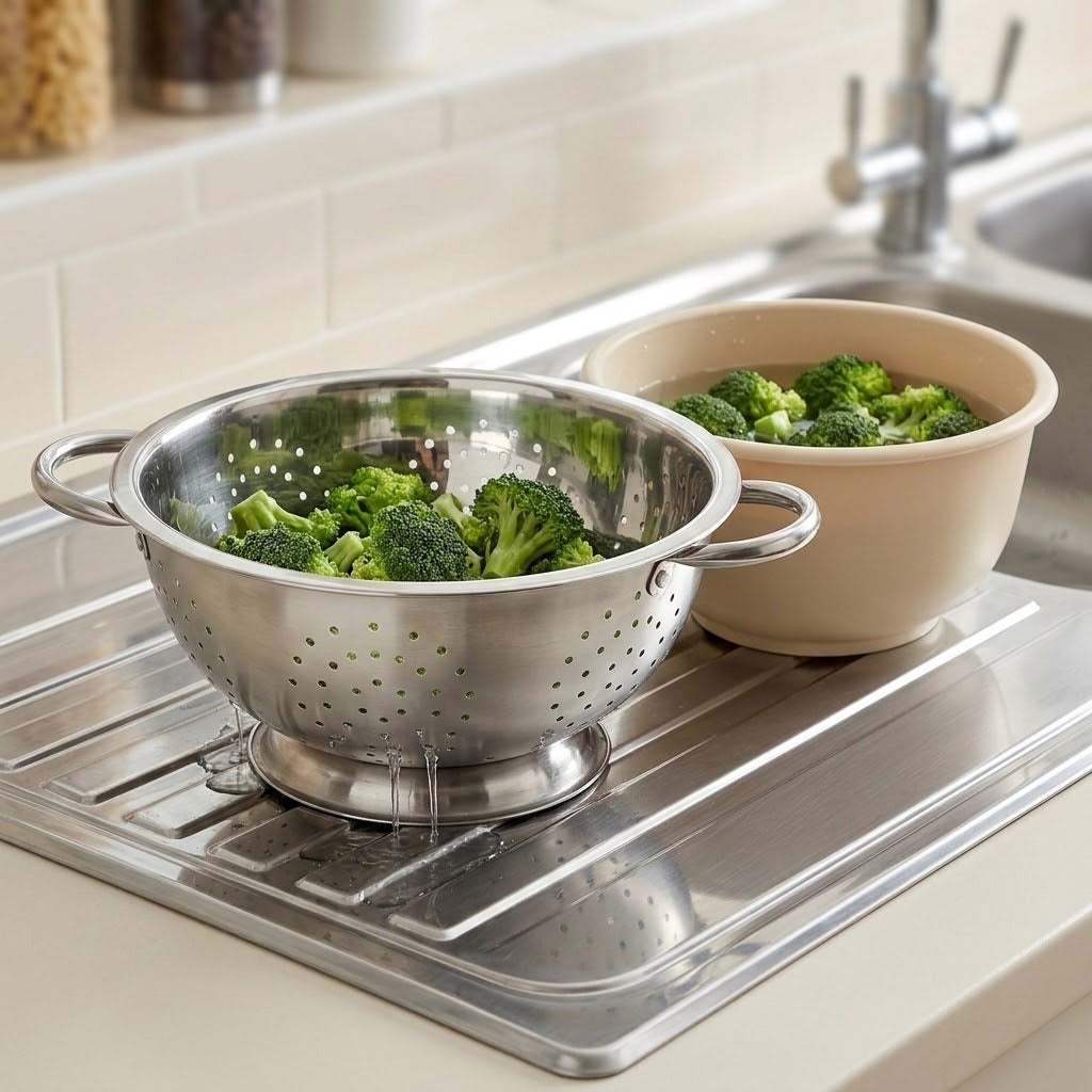 A stainless steel colander filled with broccoli sits on a sink drain board next to a beige bowl of broccoli in a kitchen setting.