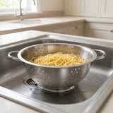 A stainless steel colander filled with cooked pasta sits in a kitchen sink, with a faucet and light-colored cabinets visible in the background.