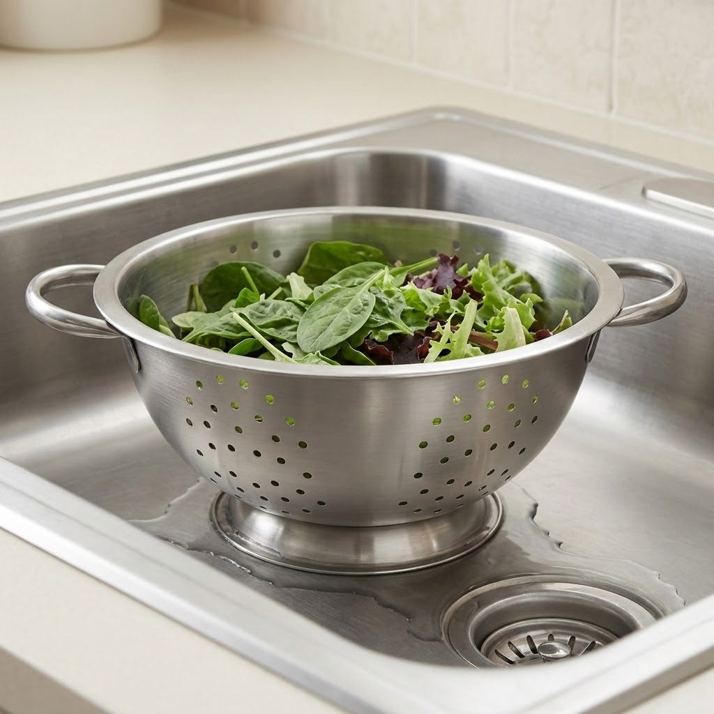 A stainless steel colander with side handles sits in a kitchen sink, draining green salad leaves.