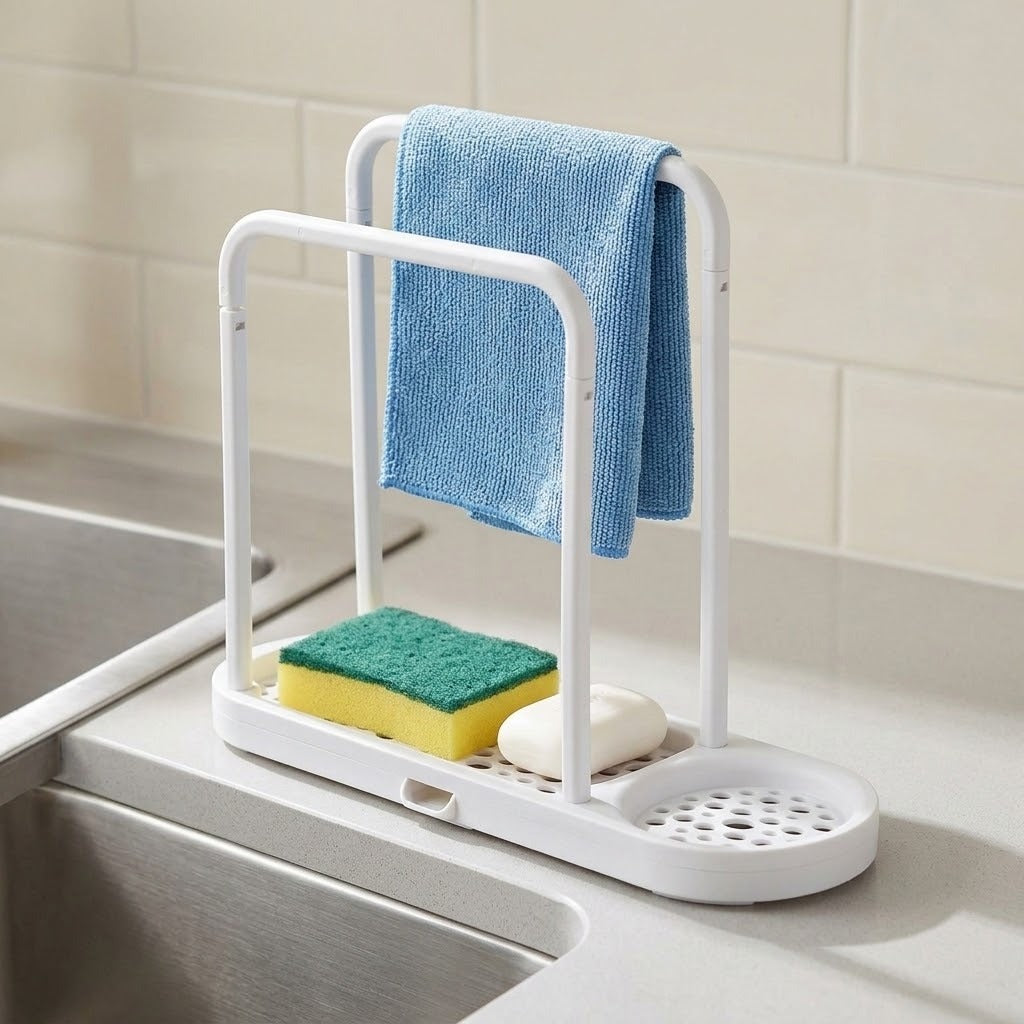 White metal sink countertop organizer with a hanging towel rack, holding a blue towel, sponge, and soap bar, set on a kitchen counter.