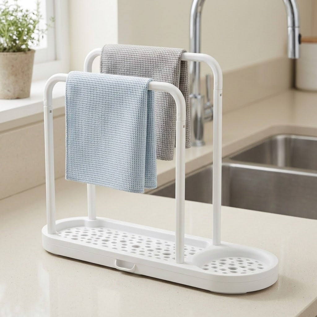 A white kitchen towel rack with two bars and a perforated base tray, shown on a kitchen counter with two towels draped over it. A sink, faucet, and potted plant are visible in the background.