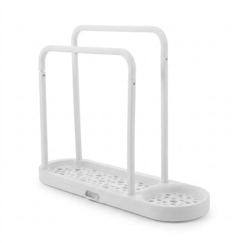 A white plastic bath sponge holder with two upright handles and a perforated base tray, shown on a clean white background.