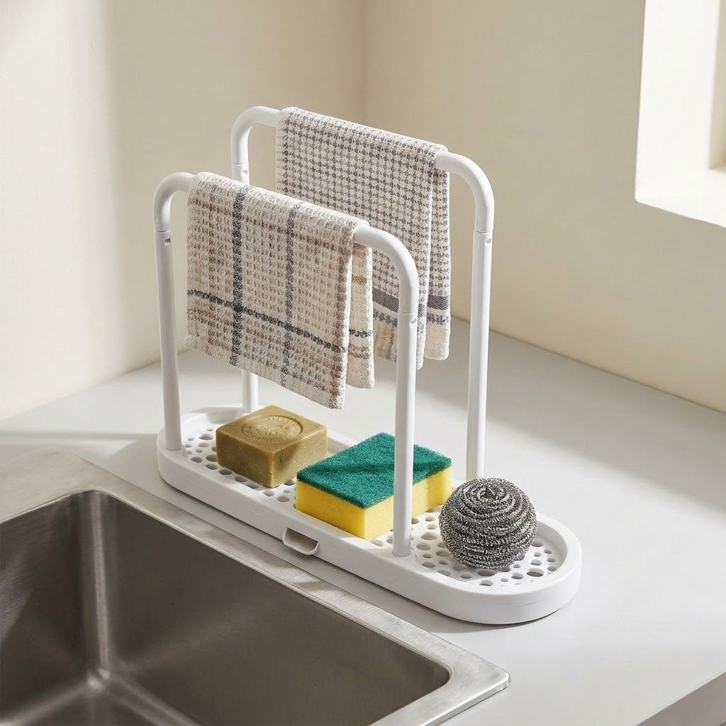 A white plastic kitchen sink dish rack with two upright bars holding two beige-and-gray checkered towels, plus a drain tray holding a sponge, soap dish, and钢丝 scrubber, set beside a stainless steel sink.