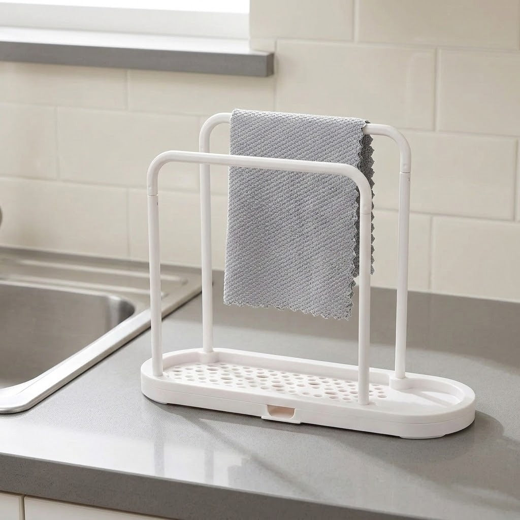 A white plastic kitchen towel rack with a slotted base, shown on a gray kitchen countertop next to a sink, holding a gray textured cloth.