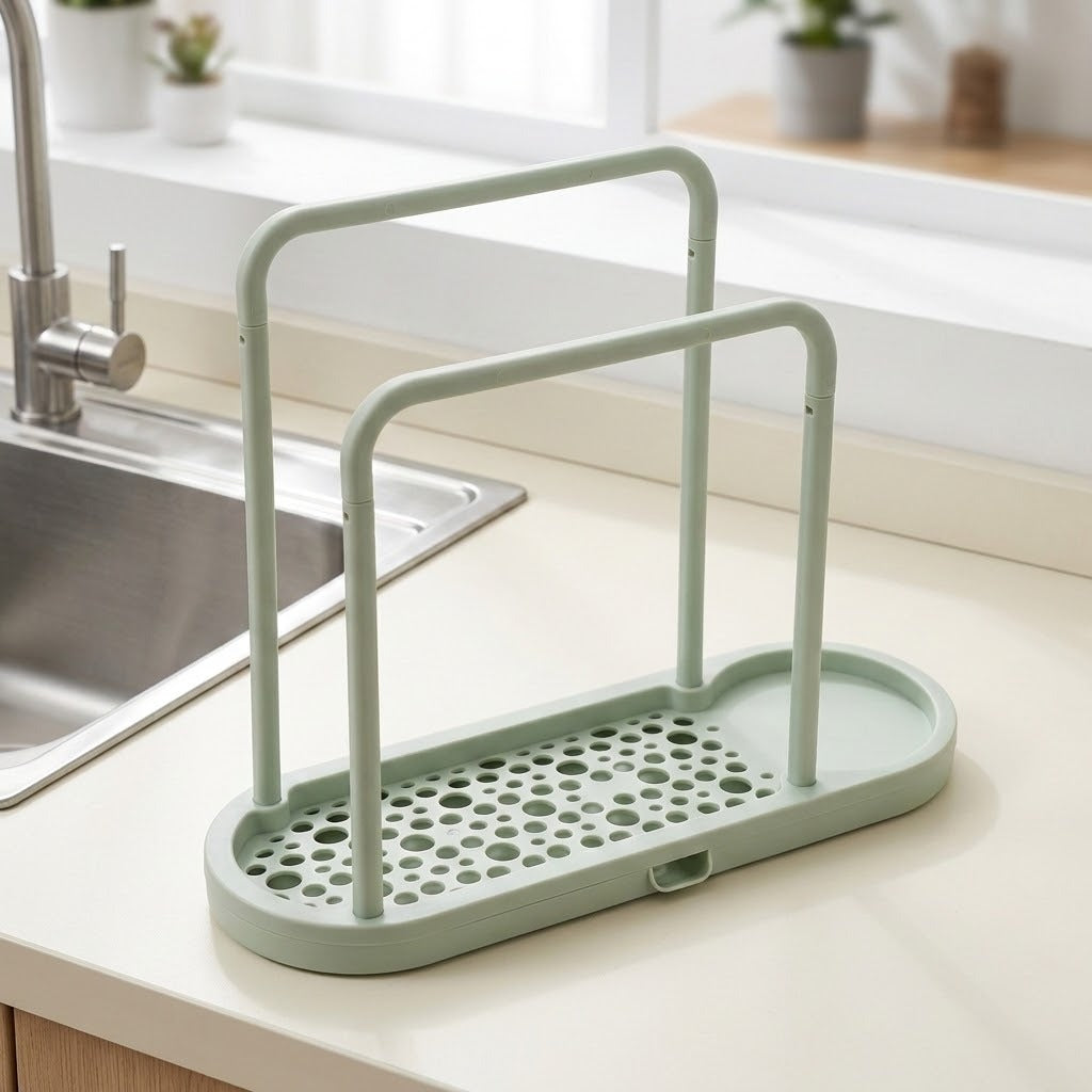 A mint green plastic kitchen sink organizer with a slotted base and two upright handles, shown on a beige countertop next to a stainless steel sink.
