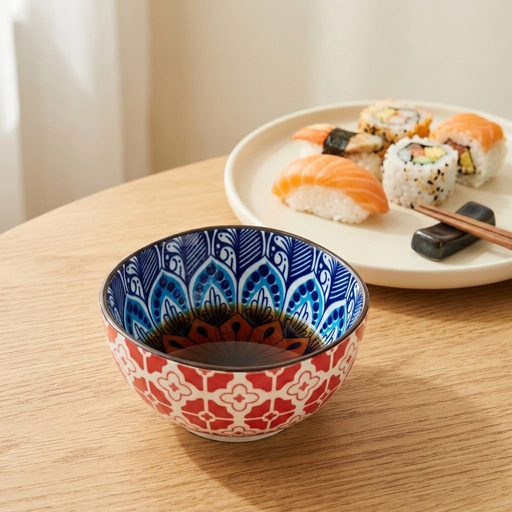 A ceramic bowl with a red and blue floral pattern sits on a light wooden table, with sushi on a plate blurred in the background.