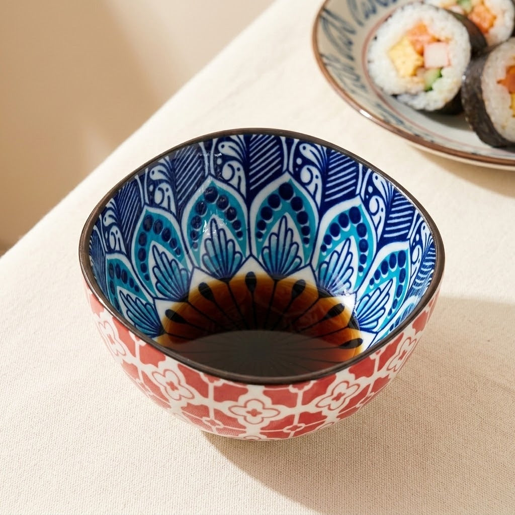 A ceramic bowl with a vibrant blue and teal floral pattern on the inside and a red and white geometric pattern on the outside, shown on a beige tablecloth with sushi in the background.