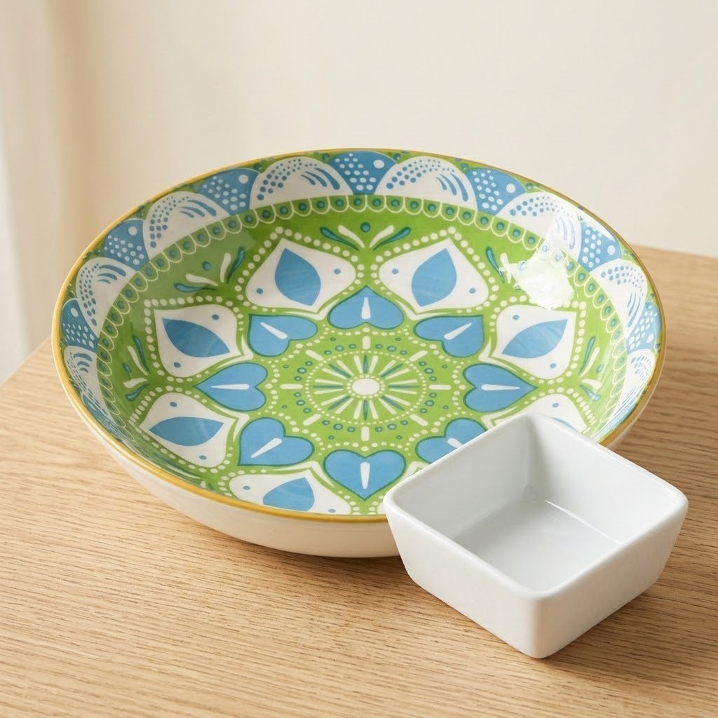 A decorative ceramic serving bowl with a green, blue, and white mandala pattern and a gold rim, shown on a light wood surface next to a small white square dish.