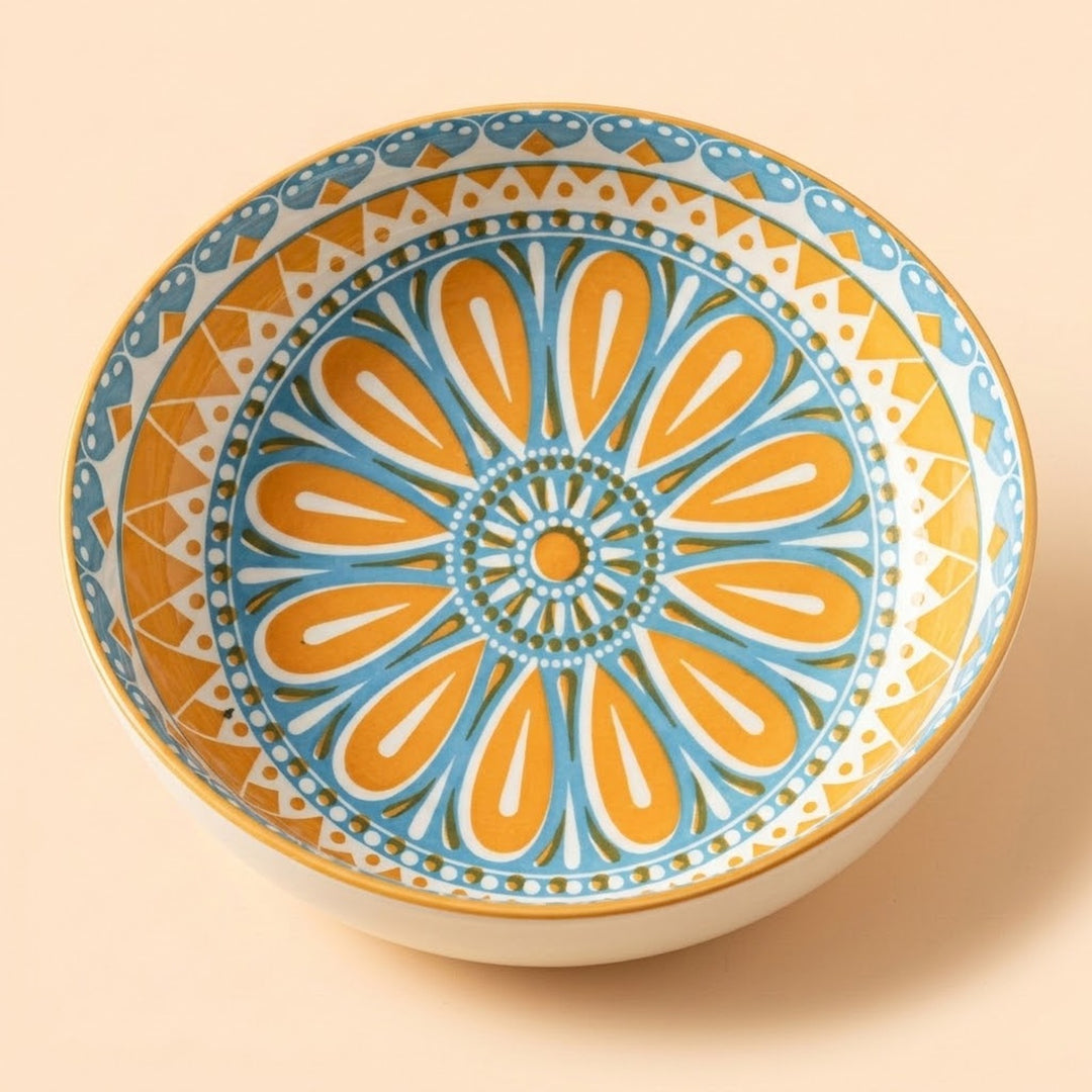 A round ceramic bowl with a vibrant hand-painted mandala design in orange, light blue, and white, set against a solid pale peach background.