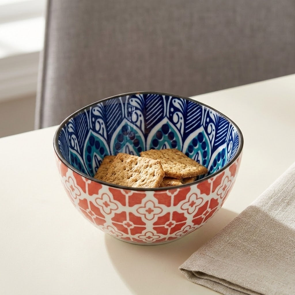A ceramic bowl with a red and white geometric pattern on the outside and a blue and white floral pattern on the inside, filled with crackers on a white table next to a beige napkin.