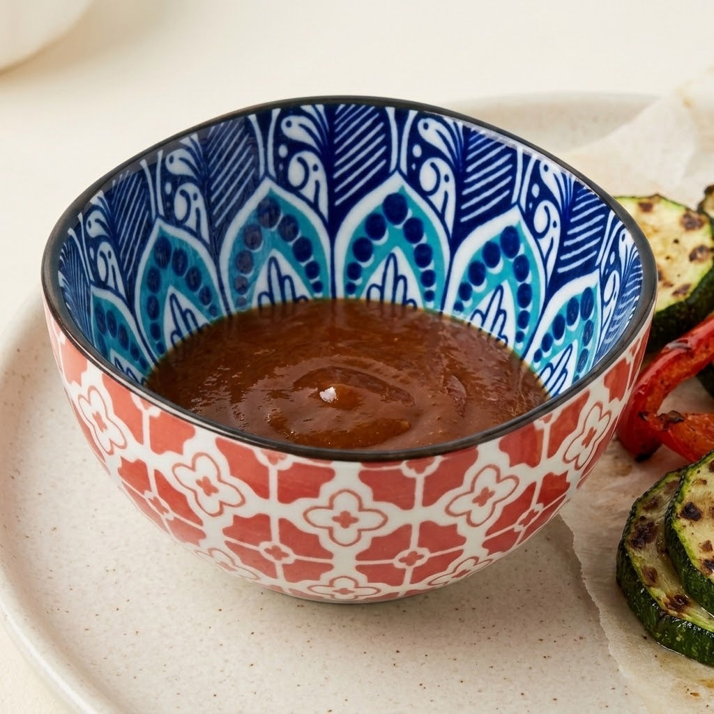 A decorative ceramic bowl with a red and white geometric pattern on the outside and a blue and white leaf pattern on the inside, filled with a brown sauce, set on a light beige plate with grilled vegetables.