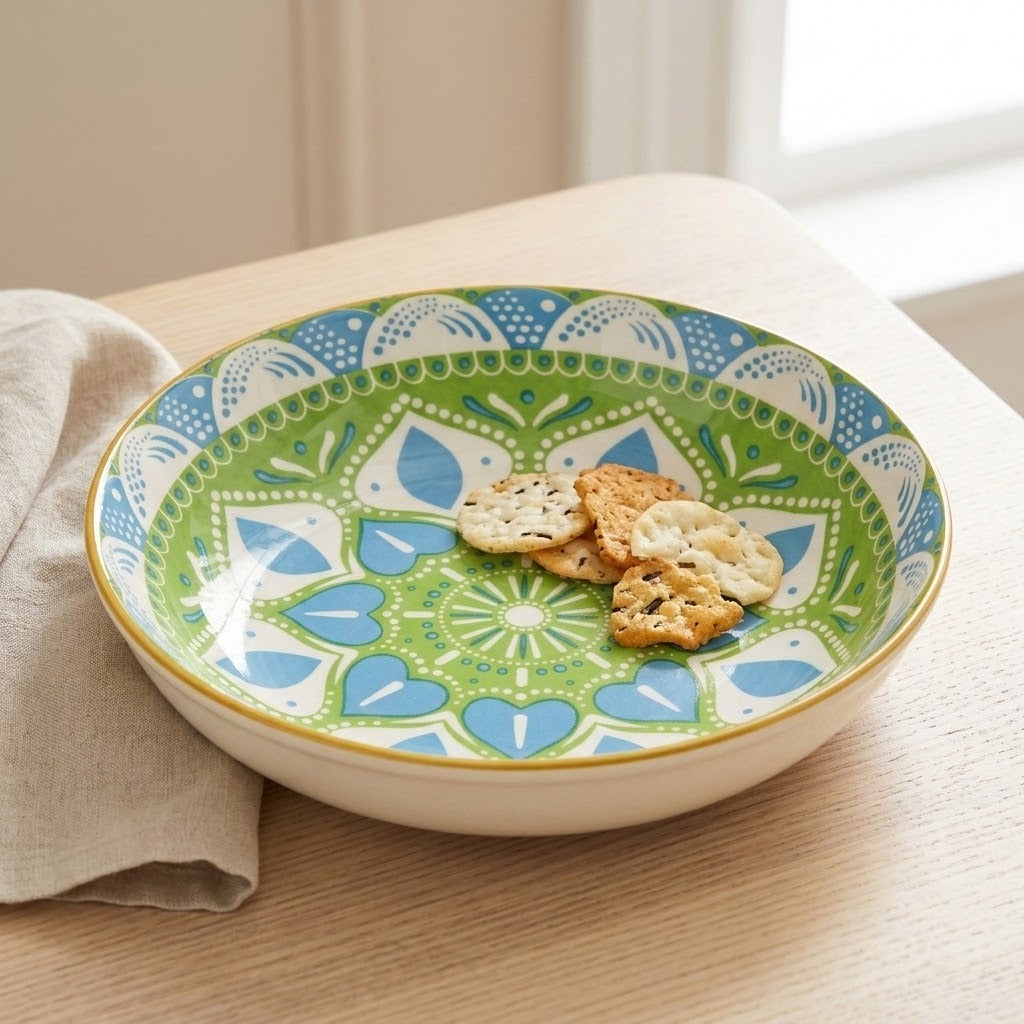 A round ceramic serving bowl with a colorful green, blue, and white mandala pattern, filled with crackers on a light wood table next to a beige napkin.